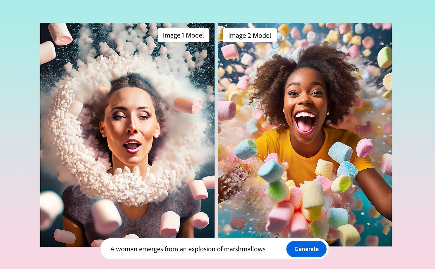 Two AI-generated images of a woman exploding into a cloud of marshmallows.