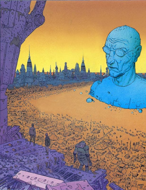 This may contain: an image of a large blue statue in the middle of a city with lots of people