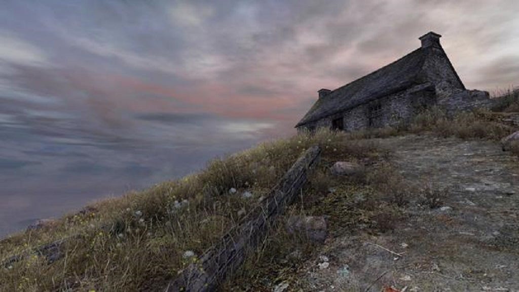 A screenshot from the game Dear Esther, featuring a lonely looking stone bothy/hut on top of a slope on some Hebridean Scottish island against an eerie looking sky.