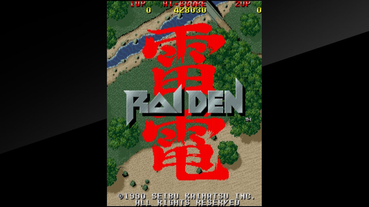 The title screen from the Arcade Archives release of Raiden, showing the game's logo — the English title, atop the vertical Japanese one — which has a portion of the first stage in the background. Sand, grass, trees, a bridge, a river: The game begins on Earth, which you get a real sense of here.