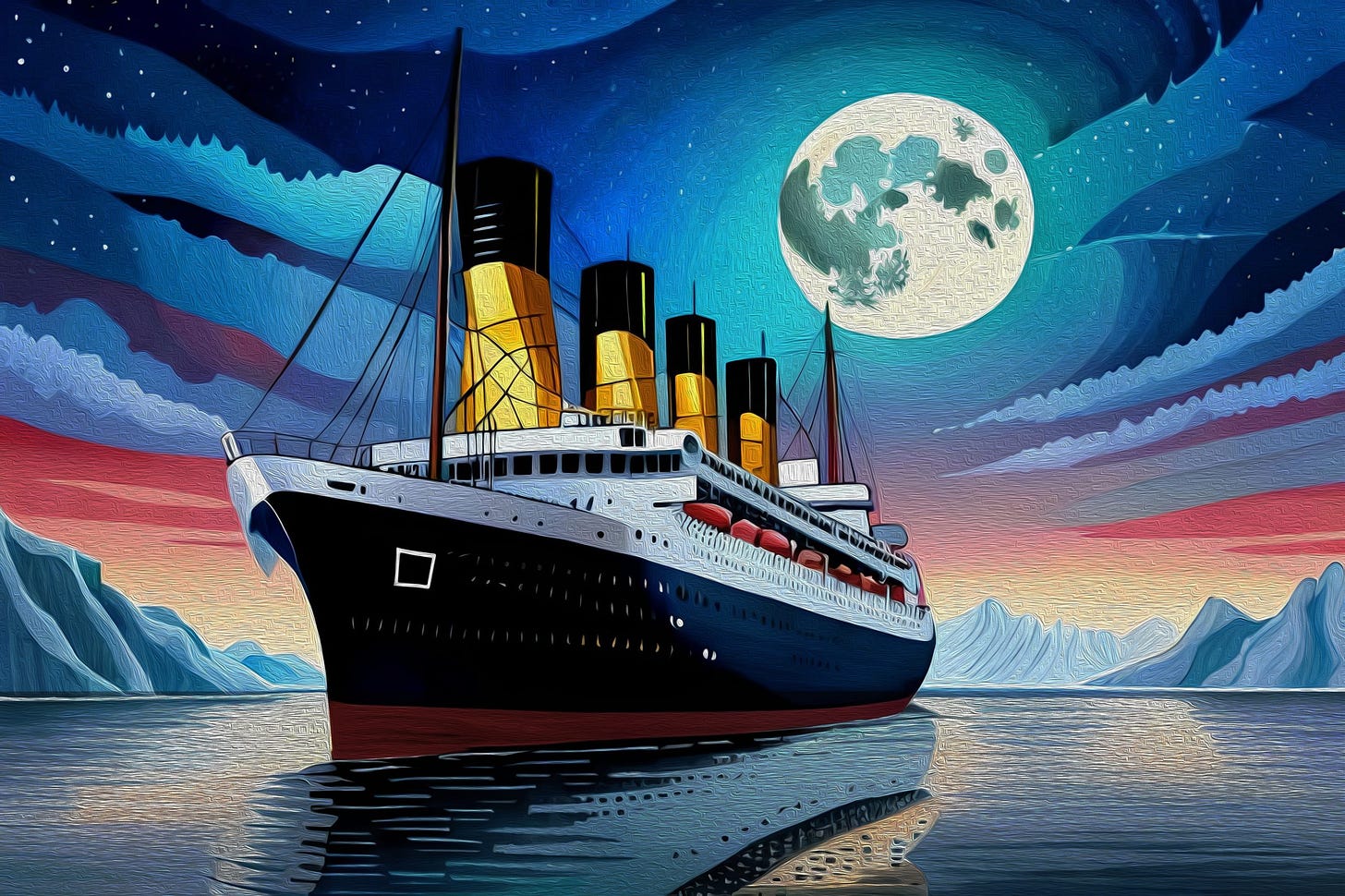 Titanic,In,Ocean,At,Night.,Full,Moon,And,Stars.,Watercolor