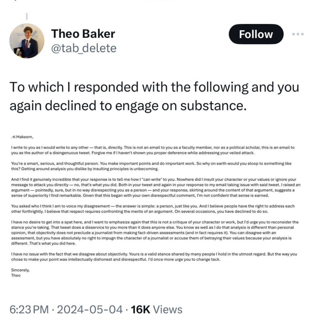 Theo Baker’s email response to Professor Jefferson’s reply. “…your reply….suggests a sense of superiority I find remarkable… …I’m not confident that sense is earned.”