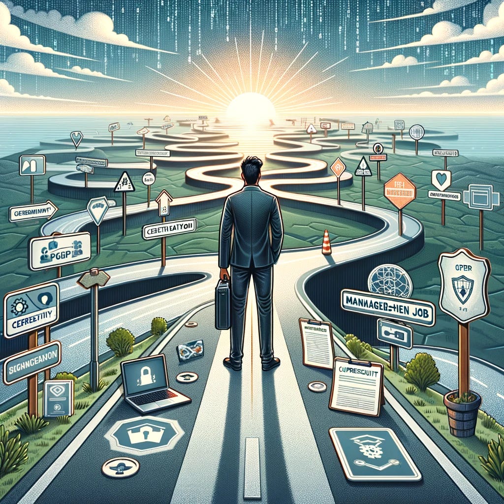 A detailed illustration of a cybersecurity professional embarking on their career path. The scene shows a figure standing at the beginning of a winding road that stretches out into the horizon. The road is lined with various milestones and signposts, each representing different stages and achievements in a cybersecurity career, such as 'Certification', 'Entry-Level Job', 'Specialization', 'Management', and 'Expert'. Along the path, there are symbolic representations of challenges and opportunities, like a firewall to overcome, a bridge symbolizing networking and connections, and a trophy at the end of the road symbolizing success and recognition in the field. The cybersecurity professional is equipped with a laptop bag, smart glasses, and a confident posture, ready to tackle the journey ahead. The landscape around the path is digital, with binary codes and cybersecurity icons floating in the air, emphasizing the tech-focused nature of the career. The sky is bright, suggesting optimism and a promising future.