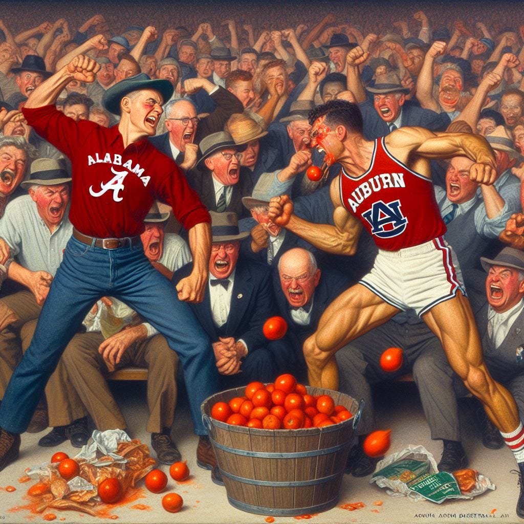Alabama basketball fans and Auburn basketball fans hurling tomatoes at each other, in the style of Norman Rockwell