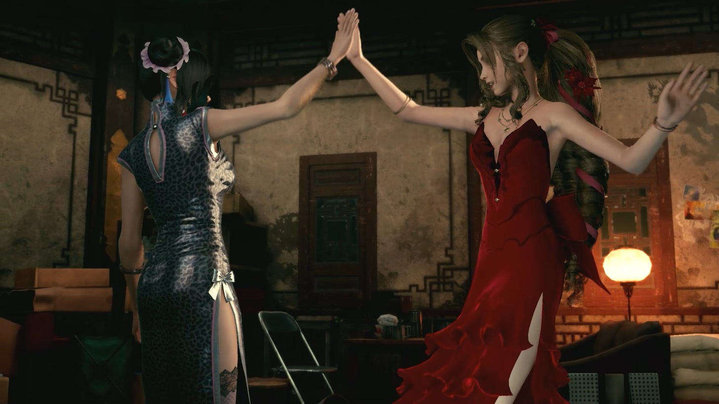 Aerith and Tifa high-five each other.