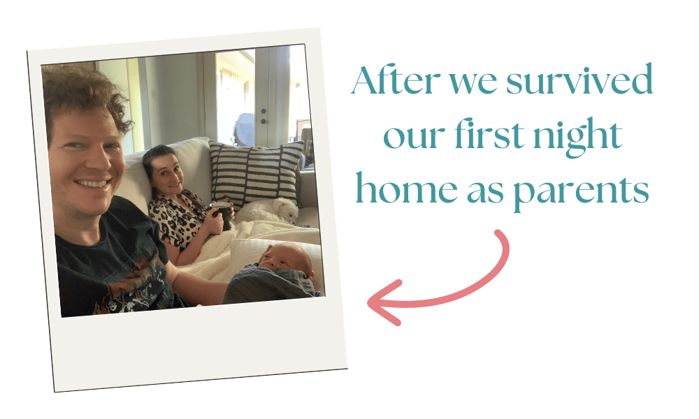Two parents on the couch after their first night home with a newborn Two parents on the couch after their first night home with a newborn