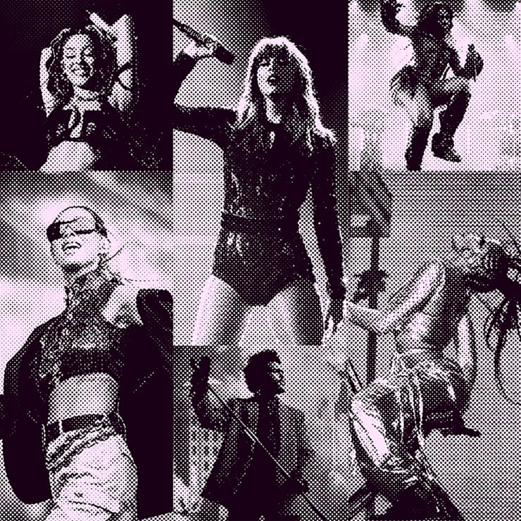 A collage of contemporary pop entertainers, from L-R: Doja Cat (top left), Rina Sawayama (bottom), Taylor Swift (center), The Weeknd (bottom), Bree Runway (top right), Tinashe (bottom).