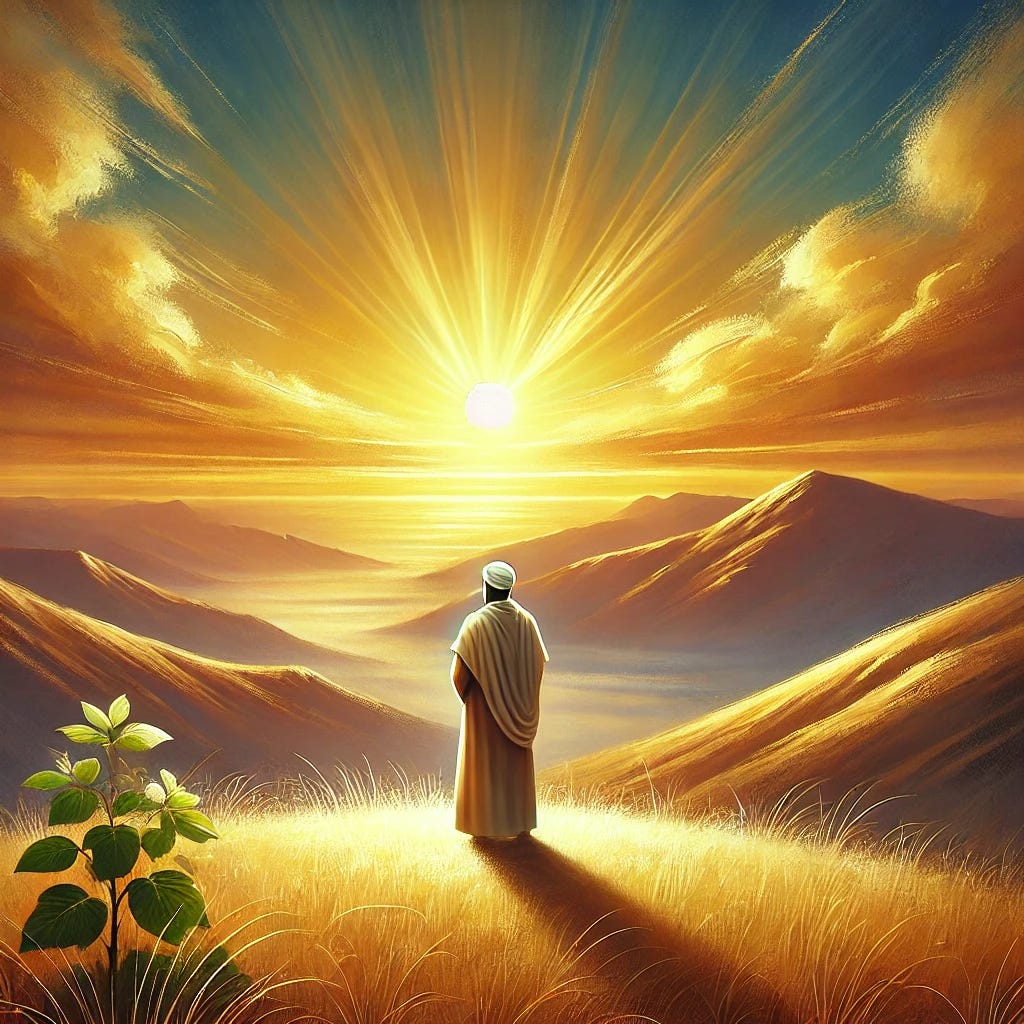 A serene and inspirational painting depicting a Muslim individual in a traditional outfit standing on a hilltop at sunrise, symbolizing hope and spiritual strength. The figure gazes at a vast, glowing horizon filled with warm golden and orange hues, surrounded by gentle rolling hills and a calm, clear sky. The composition exudes a sense of peace, determination, and inspiration, painted in a soft and ethereal style.