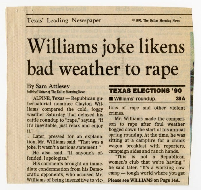 Primary view of object titled '[Newspaper clippings: Williams joke likens bad weather to rape]'.