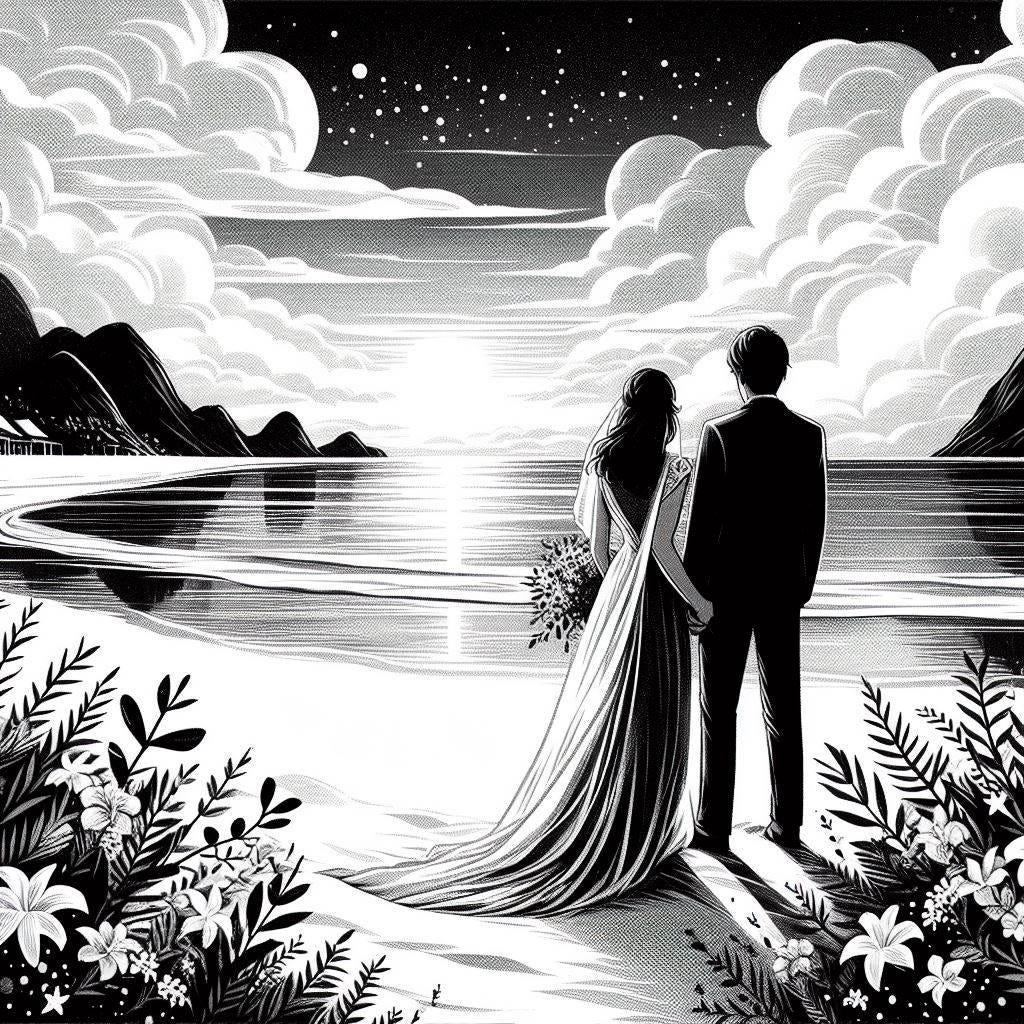 a couple in a wedding on a beach. illustration, black & white. long distance.