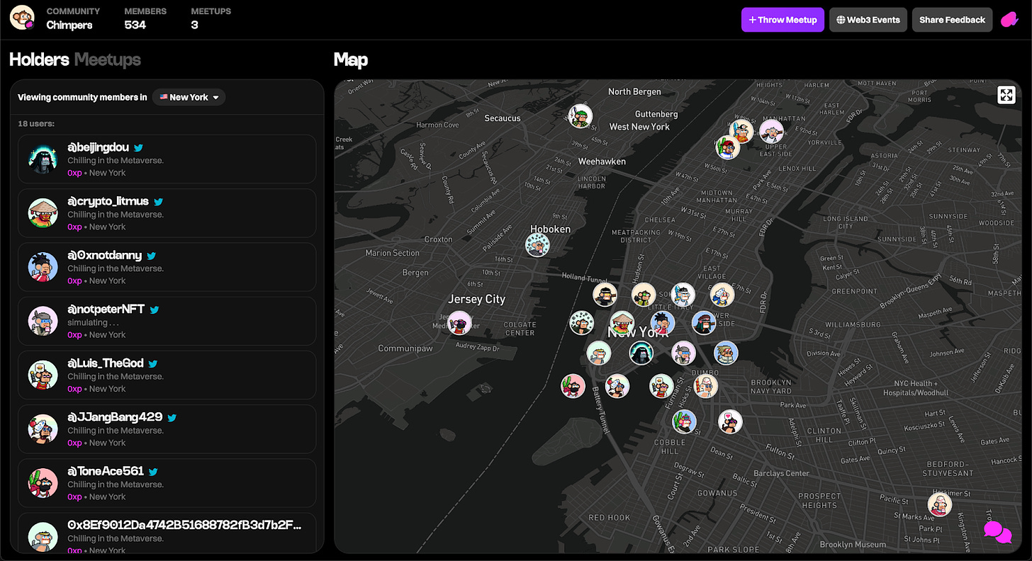 A screenshot showing a map of the Chimpers holders around New York City. 