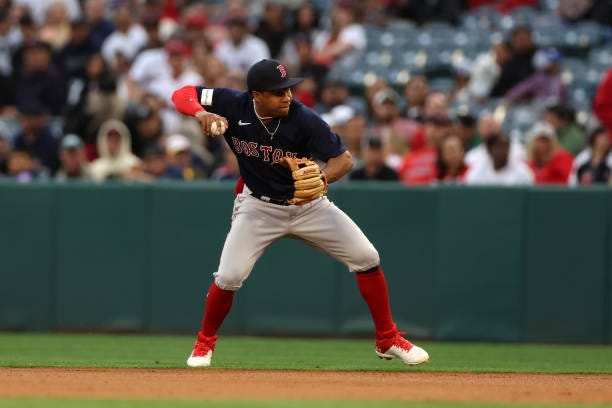 Emmanuel Valdez of the Boston Red Sox plays second base during the game against the Los Angeles Angels at Angel Stadium of Anaheim on May 23, 2023 in...