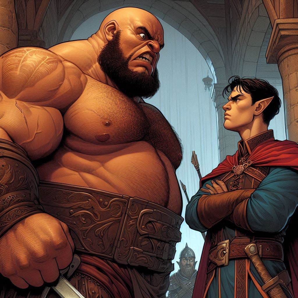 plump 20-year old guy angry at tall bald man, dungeons and dragons fantasy drawing