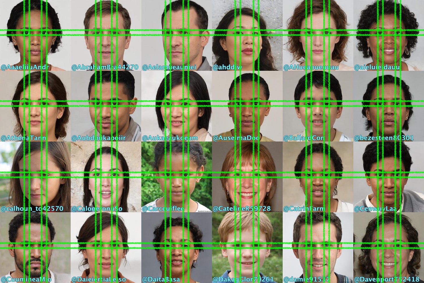 collage of 24 GAN-generated faces, with a grid of green lines illustrating the consistent eye placement