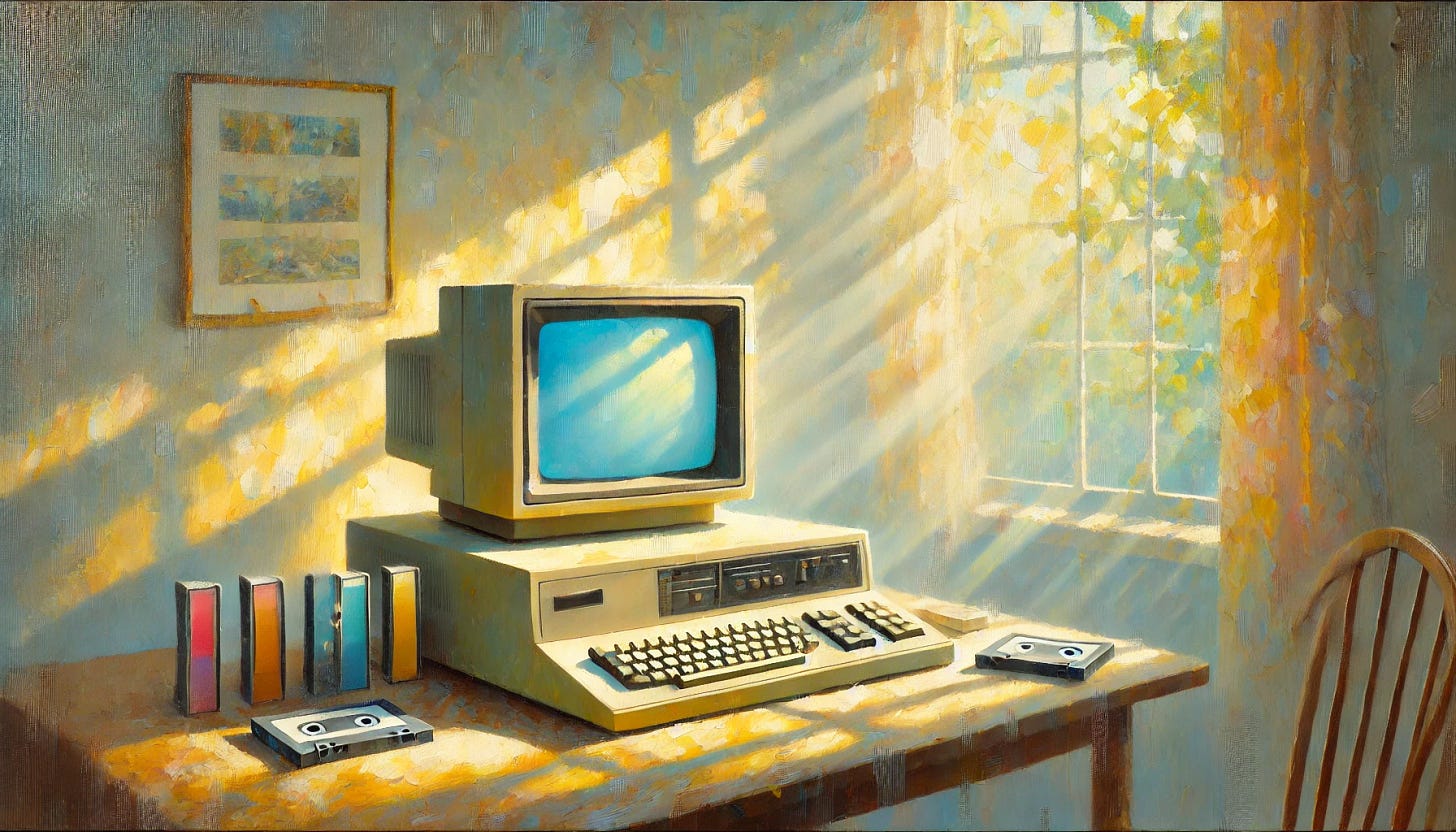 An impressionistic oil painting of a 1970s computer, set in a softly lit room filled with dappled sunlight streaming through a nearby window. The computer has a boxy design with a CRT monitor, keyboard, and tapes or punch cards nearby. The atmosphere is tranquil and nostalgic, enhanced by a gentle and pastel-like color palette of soft yellows, blues, greens, and creams. The scene evokes the peacefulness of a sunny day, with brushstrokes reminiscent of Fritz Syberg's style, emphasizing light and harmony. Wide aspect.