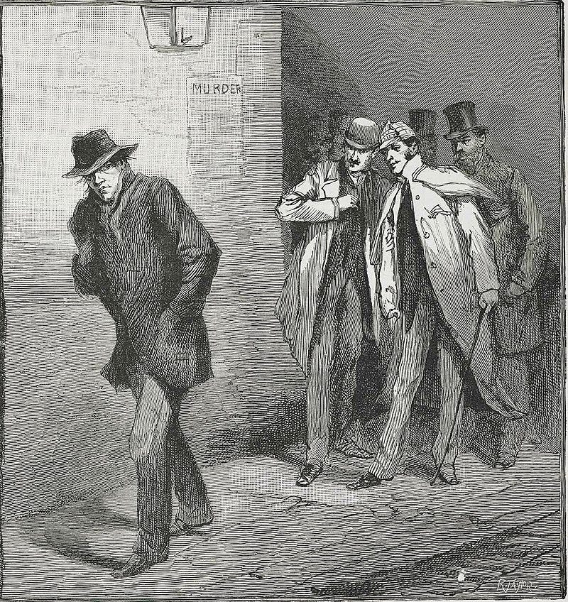 Drawing of a man with a pulled-up collar and pulled-down hat walking alone on a street watched by a group of well-dressed men behind him