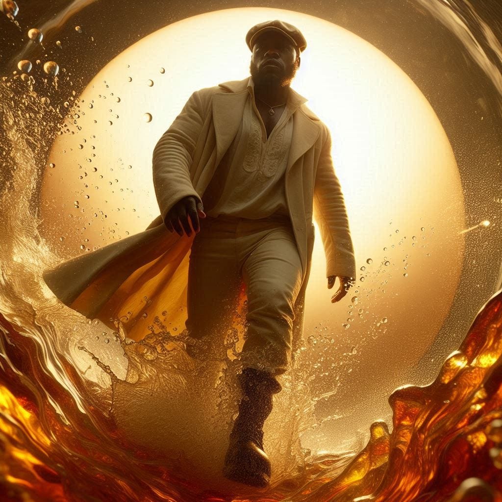 resin sun inside glass; tiltshift /flying at angles/ 8d angled glass embedded /beautiful, heroic, strong handsome, rotund Nigerian man leaning into camera/ velvet blonde, cream, ivory long coat/ black leather boots. water in resin/ ; he is at Monks mound at Cahokia / amber cream,tsunami full of fire/ reverberating waves. black hole in floor/ water in resin verdigris/ In the style of Michael Parkes. black etching/ black linework/ daytime sky/fluffy clouds 