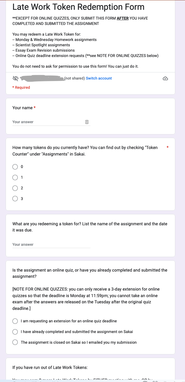 Screenshot of the Google Form students can complete to redeem a Late Work Token.