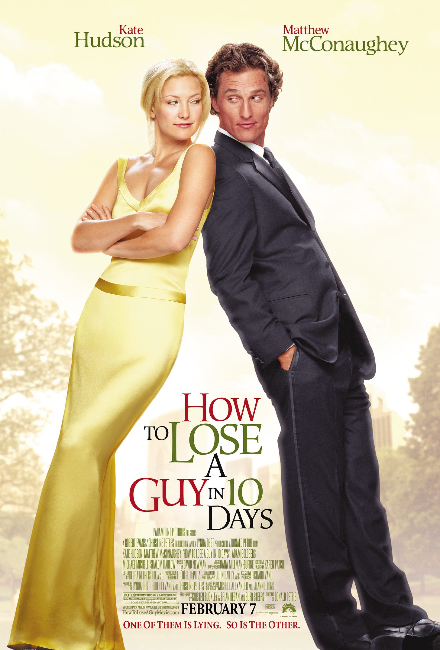 The poster for How to Lose a Guy in Ten Days showing Hudson and McCounaghey, back to back, and dressed for a party - her in the famous yellow shift dress