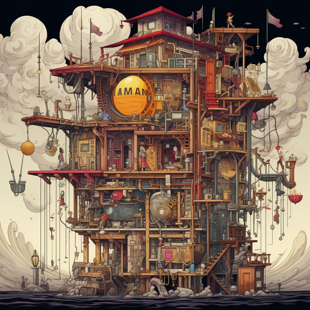 Busy looking multistory steampunk anime looking house sitting on water with a larger white cloud behind it