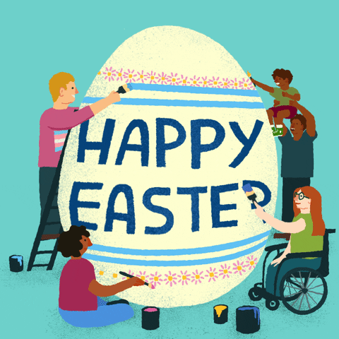 An illustration of a diverse group of people paint a giant easter egg that says happy easter