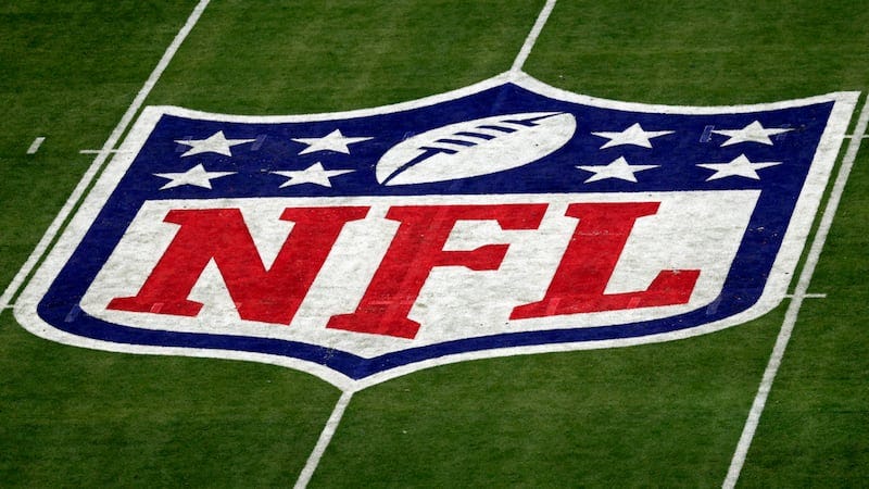 The NFL logo adorns the field before the NFL Super Bowl 57 football game Feb. 12, 2023, in...