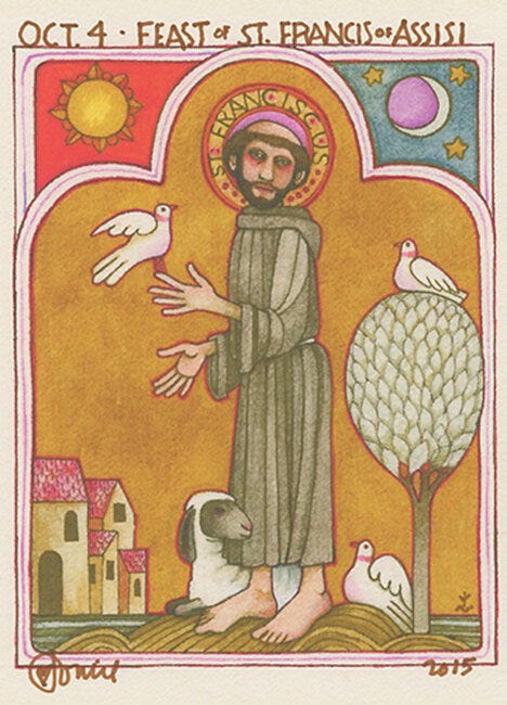 A drawing of St. Francis by the artist Tomie dePaola, marked with his Feast Day, October 4