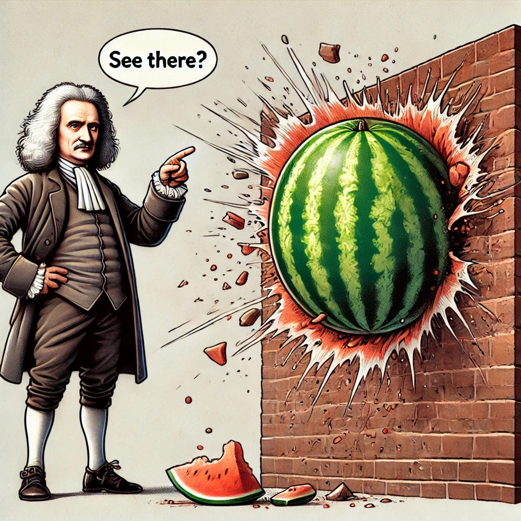 A humorous yet impactful digital illustration of Sir Isaac Newton standing next to a brick wall while pointing at a watermelon that has just smashed against it. The watermelon is bursting apart with vivid detail, emphasizing the impact. Newton has a knowing expression and a speech bubble that says, 'See there?' The background is simple to keep the focus on the action, and the scene conveys the principles of motion in a witty way.