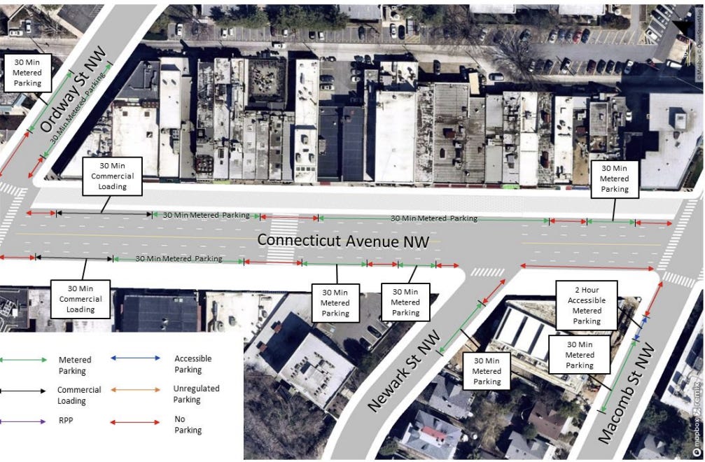 DDOT’s Proposal for Parking Changes on Connecticut Avenue, Ordway Street, Newark Street, and Macomb Street. It shows 30 minute parking being added in front of commercial spaces and the library.