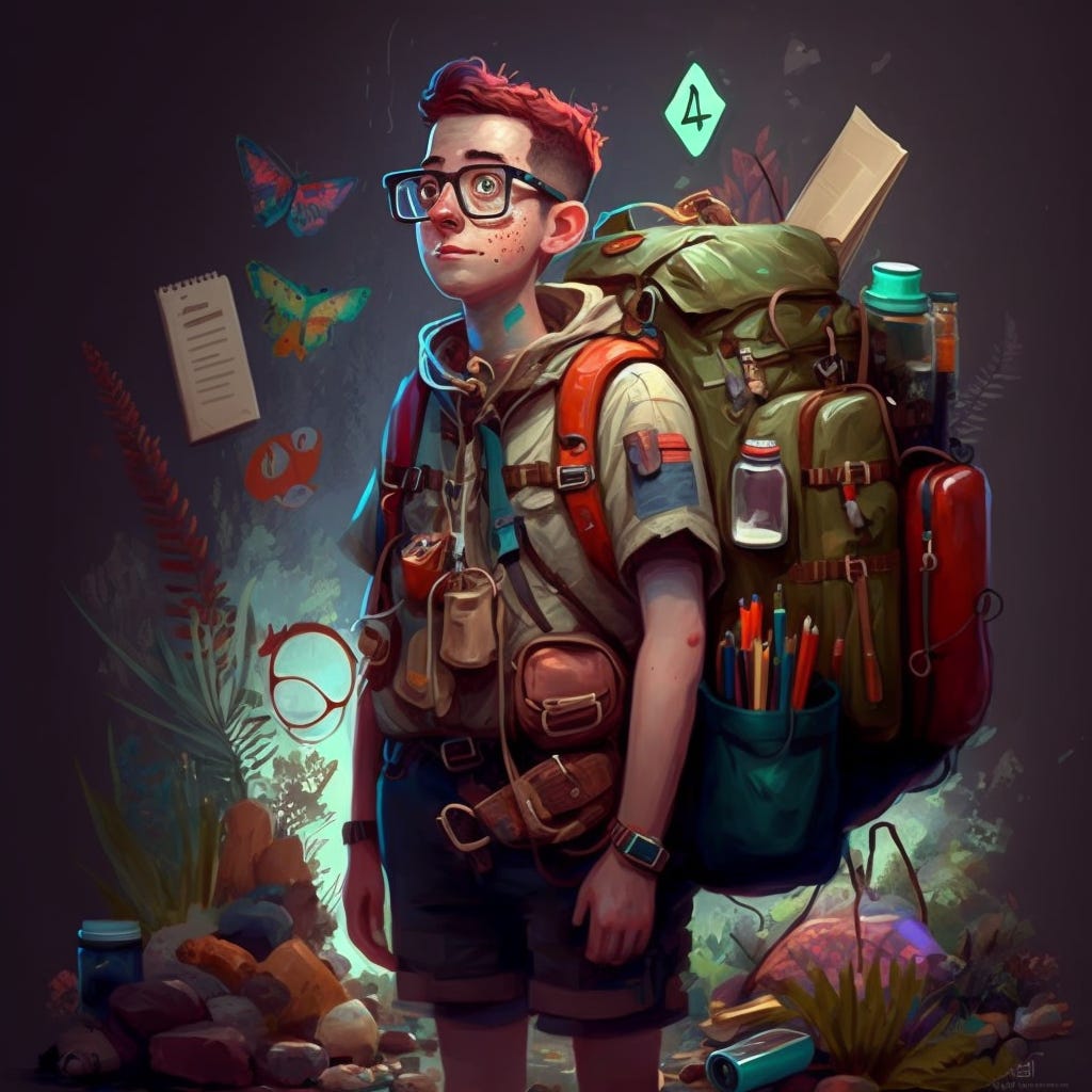 Geek with survival pack standing in a world of code
