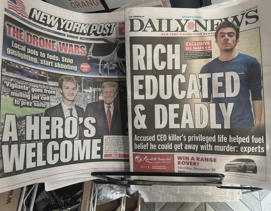 Two new york newspapers covering the news of Daniel Penny and Luigi Mangione in disparate ways