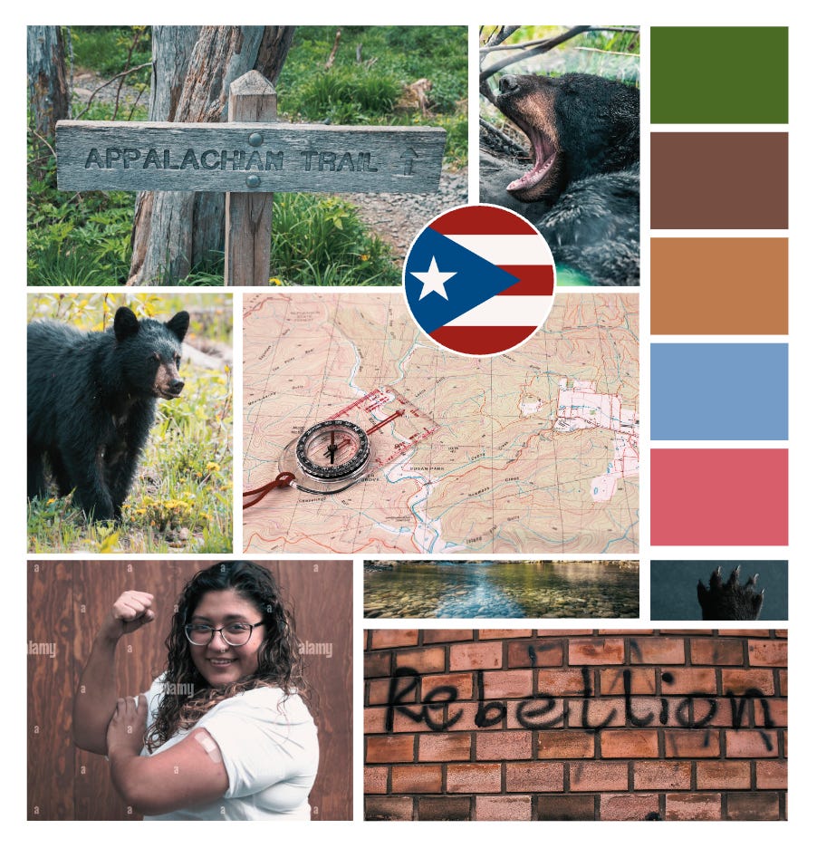 collage of canva images to represent Paola: two pictures of black bears, a photo of a fat Latina with glasses and curly hair, a sign for the appalachian trail, a puerto rican flag, a map and compass, and the word rebellion sprayed on a wall