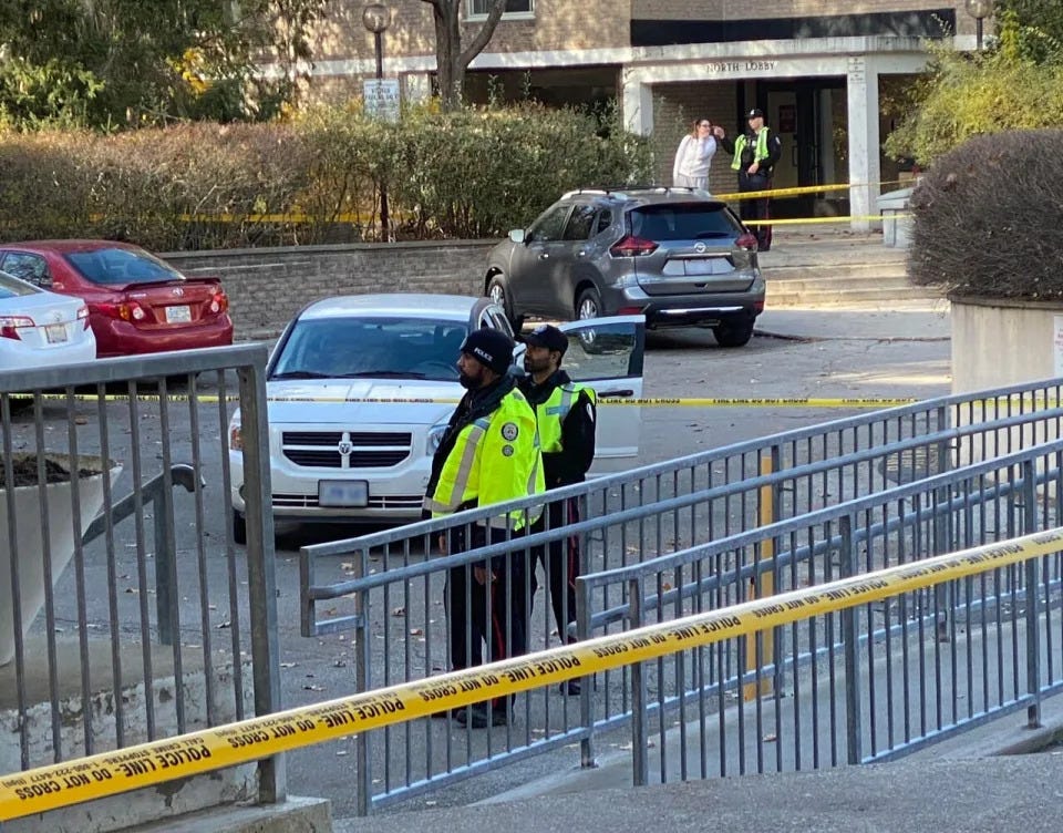 Toronto police say a driver is in custody after four people were struck by a vehicle on Wednesday around 12:40 p.m. in the parking lot of a North York apartment building. One female victim has since died from injuries sustained in the crash, police said.  (Martin Trainor/CBC - image credit)