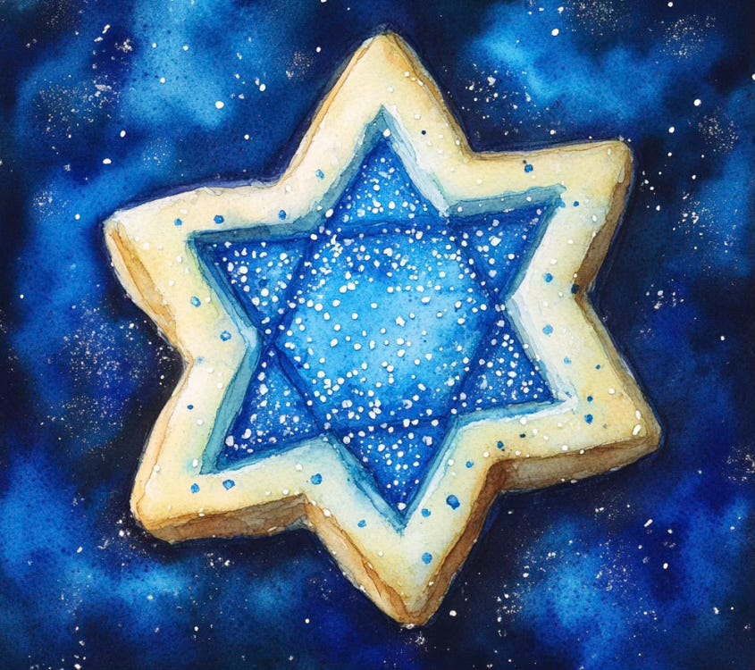 watercolor of a Star of David sugar cookie with blue sprinkles