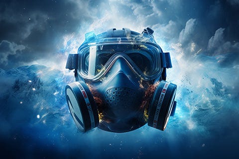 A gas mask with a clouded, galaxy-like background of white, black, and blue.