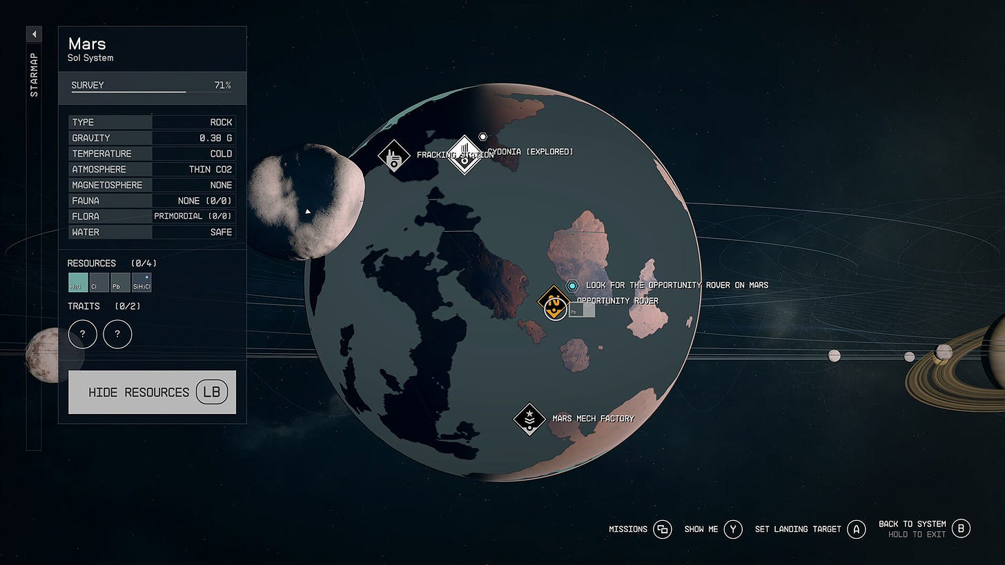 Map of Mars showing planetary stats and points of interest