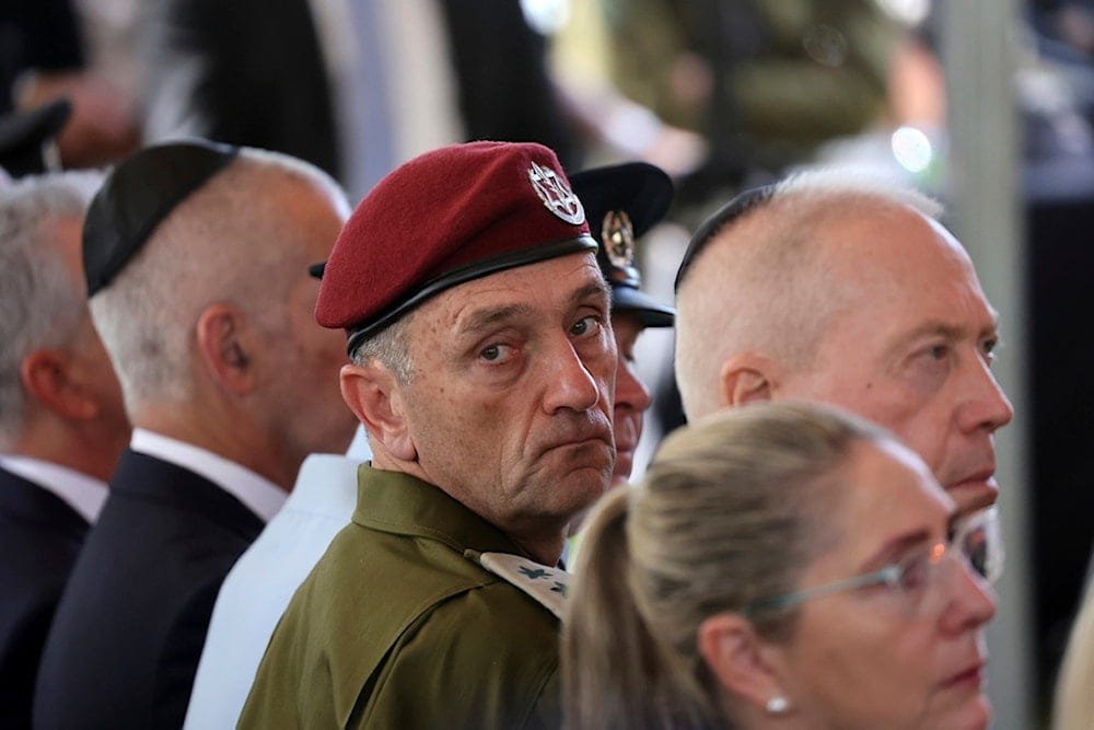 Israeli Chief of the General Staff Lieutenant-General Herzi Halevi at the Mount Herzl military cemetery in occupied al-Quds, occupied Palestine, Sunday, October 27, 2024 (AP)