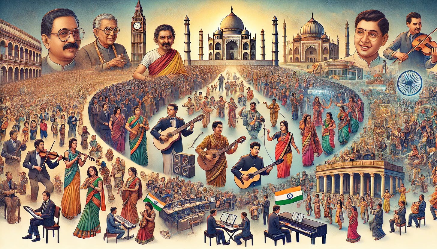 A wide, panoramic illustration depicting the popularization of Indian classical music post-independence. On the left, show stalwarts like Ravi Shankar and Ali Akbar Khan performing at international venues, introducing the Western world to Indian music. Transition to the middle with scenes of varied music-focused reality shows and Indian cinema industries like Bollywood and Tollywood, showcasing how Indian music has spread globally. On the right, depict modern performances and global audiences appreciating Indian music. The entire image should be detailed and colorful, reflecting the rich heritage and global influence of Indian classical music post-independence.