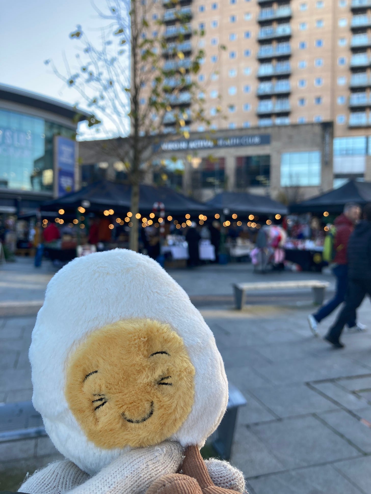 Photograph of a happy egg soft toy held up against a backdrop of christmas market stalls with twinkly lights and festive goodies. 