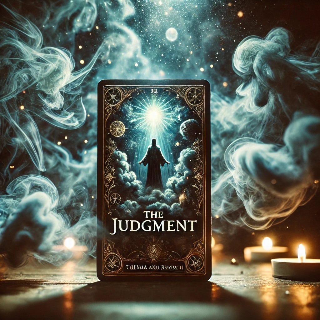 A mystical depiction of ‘The Judgement’ tarot card, surrounded by swirling smoke and ethereal light. The card glows subtly, revealing symbolic imagery of reckoning, karma, and rebirth. The moody atmosphere enhances the sense of transformation and inevitable change.