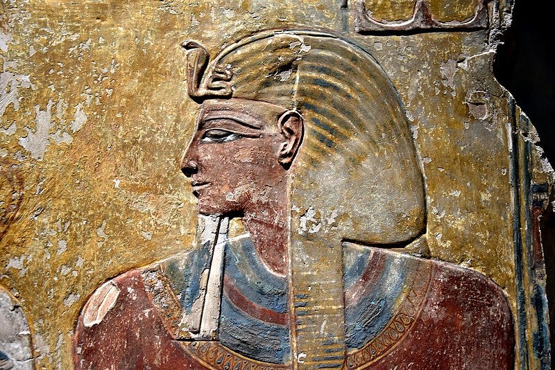 File:Pharaoh Seti I, detail of a wall painting from the Tomb of Seti I at the Valley of the Kings, Western Thebes, Egypt. Neues Museum.jpg