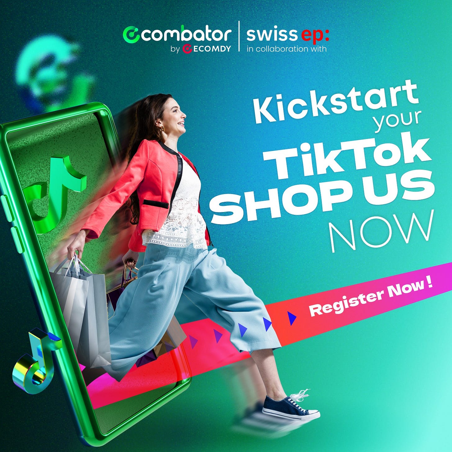 Có thể là hình ảnh về 1 người và văn bản cho biết 'Ccombator by ECOMDY swiss ep: collaborationwith Kickstart your TikTok SHOP US NOW Register Now!'