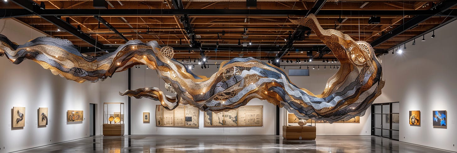 Modern art installation in a gallery featuring a large, undulating sculpture suspended from the ceiling, composed of intricate mesh patterns in shades of blue, brown, and gold, illuminated by gallery lighting.