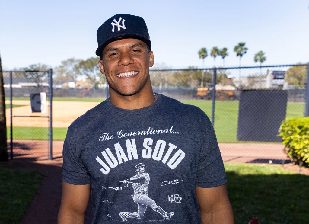 Juan Soto wears a "The Generational Juan Soto" T-shirt at Yankees spring training on Monday.