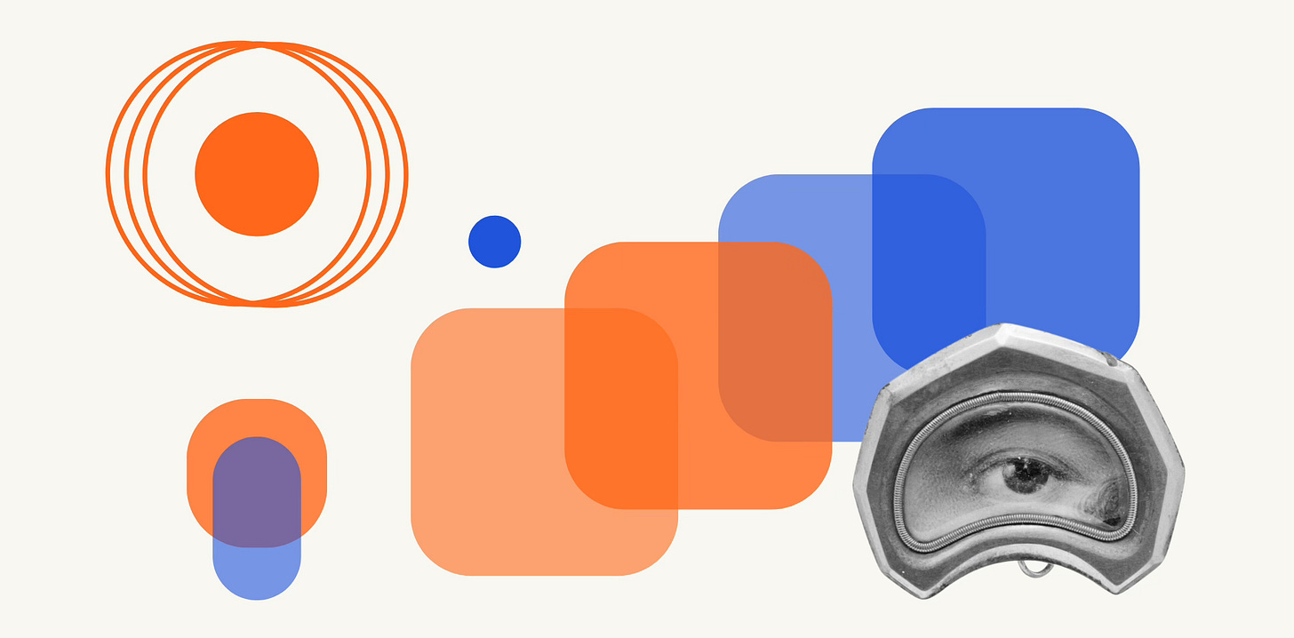 Abstract design featuring geometric shapes and a human eye inside a mechanical frame — symbolizing perception, awareness, and human insight in AI development.