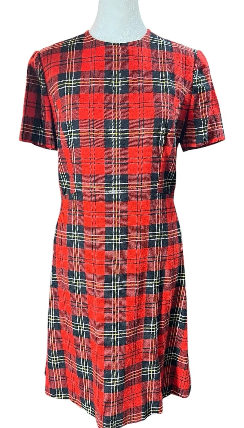 Vintage Pendleton Red Black Wool Plaid  Short Sleeve Lined Dress Sz.10 Holiday - Picture 1 of 10