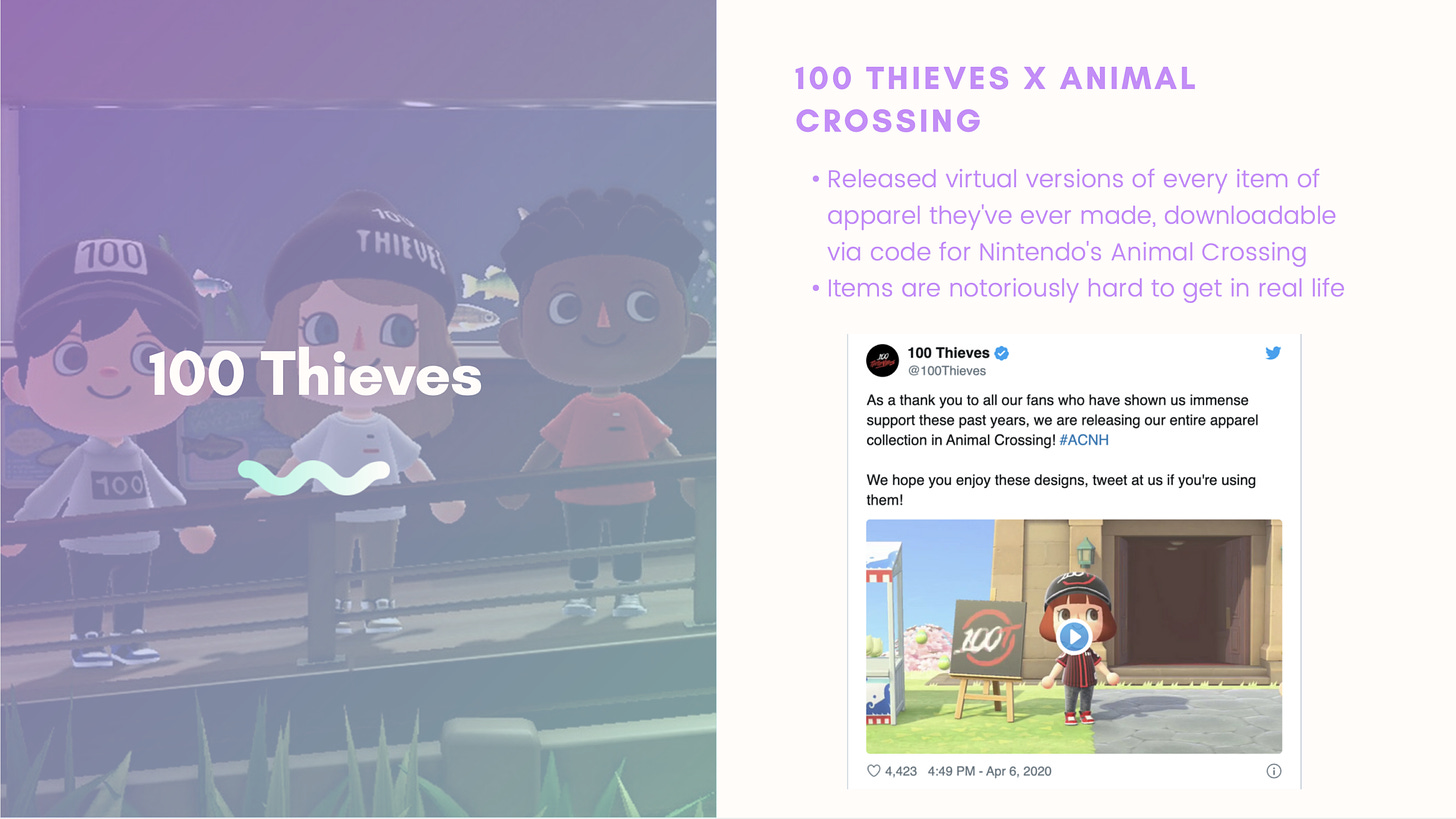 Characters in Animal Crossing wearing streetwear brand 100 Thieves