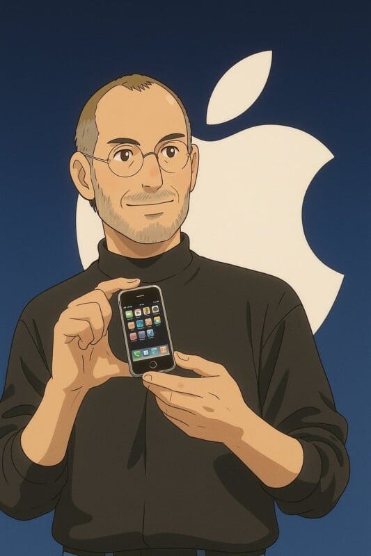 An illustration of a person holding a smartphone with a touchscreen interface, in front of a large apple-shaped logo. The person is wearing glasses and a black turtleneck, and is standing against a dark blue background.