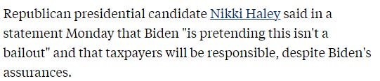Republican presidential candidate Nikki Haley said in a statement Monday that Biden "is pretending this isn't a bailout" and that taxpayers will be responsible, despite Biden's assurances.