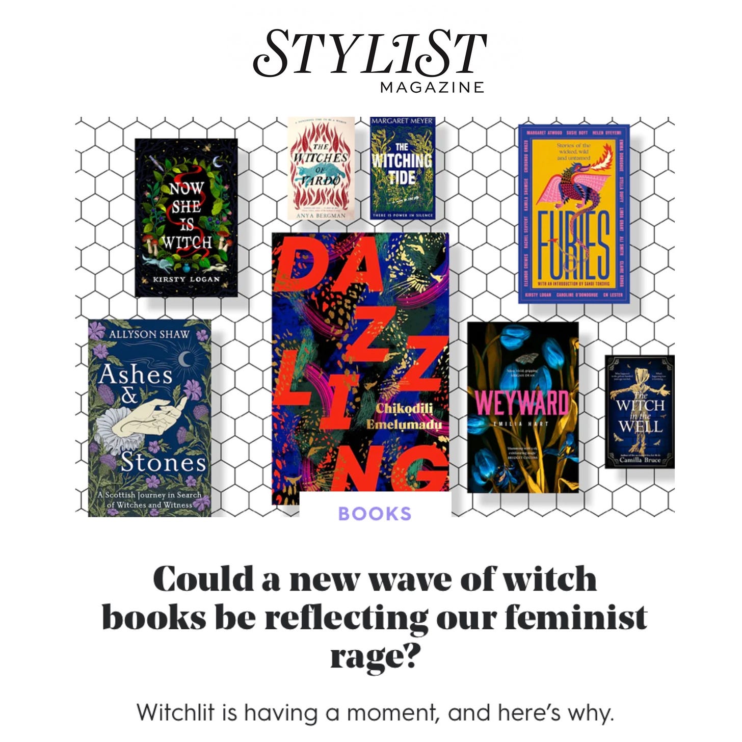 Stylist magazine graphic featuring several "witchy" books, including ashes and stones
